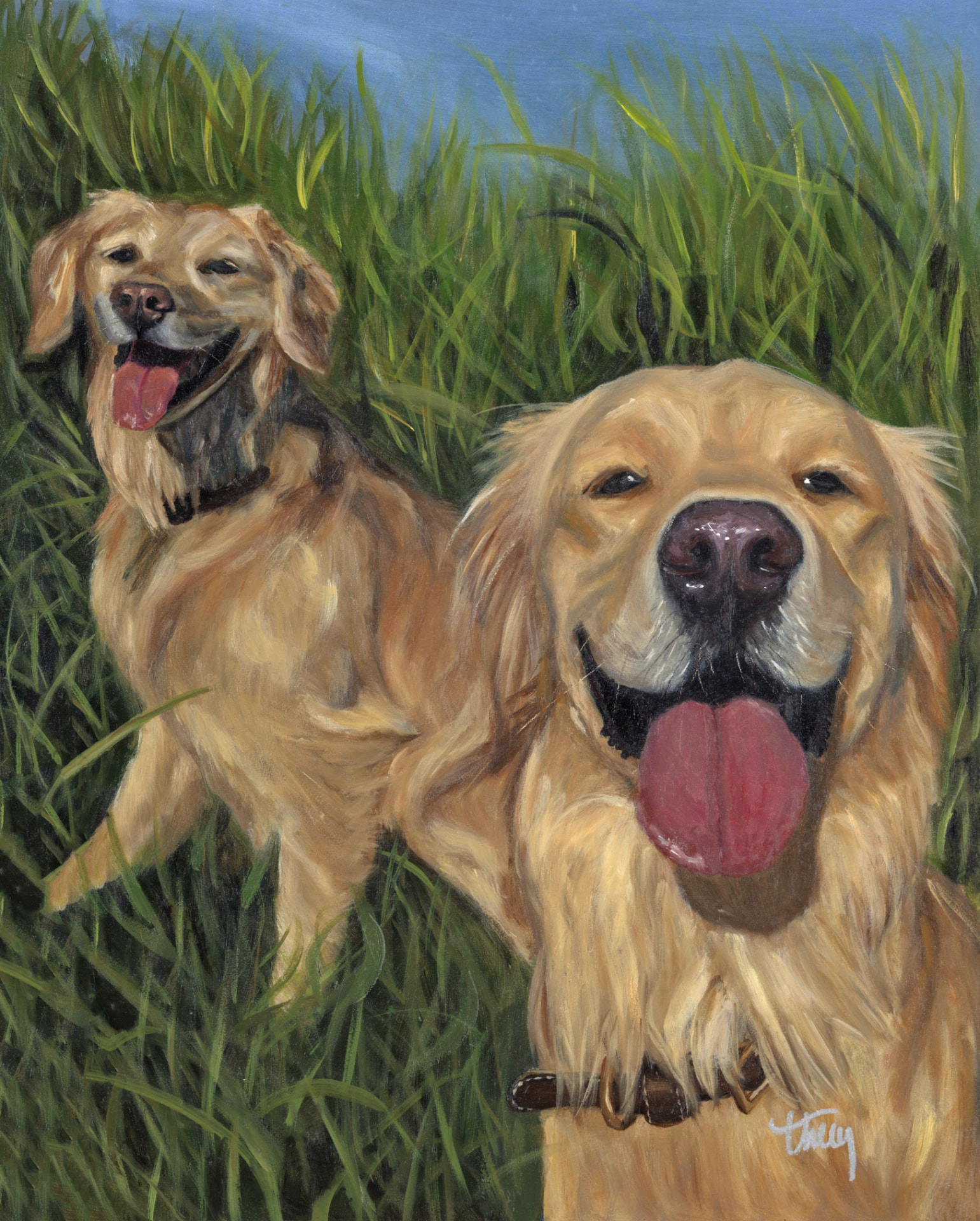 Oil portrait of two golden retrievers smiling together in tall summer grass